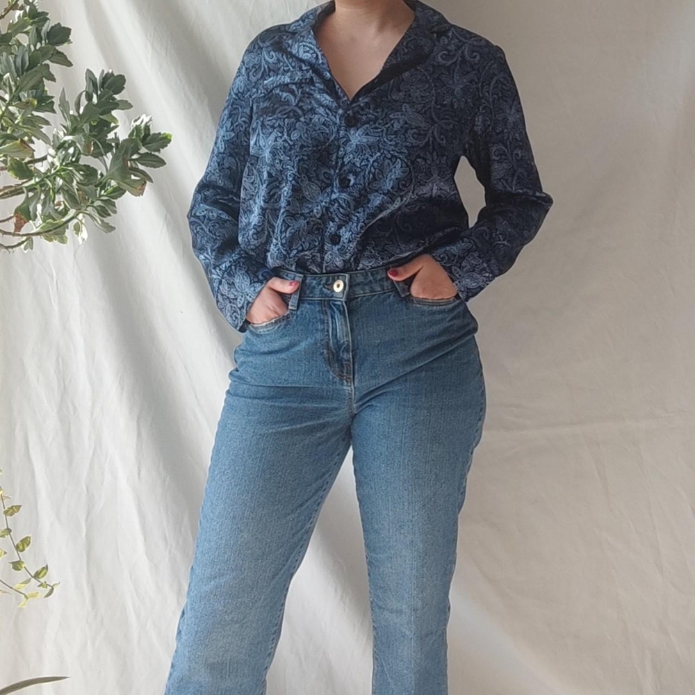 Blue Satin Pajama Top Blouse - Picture 2 of 3